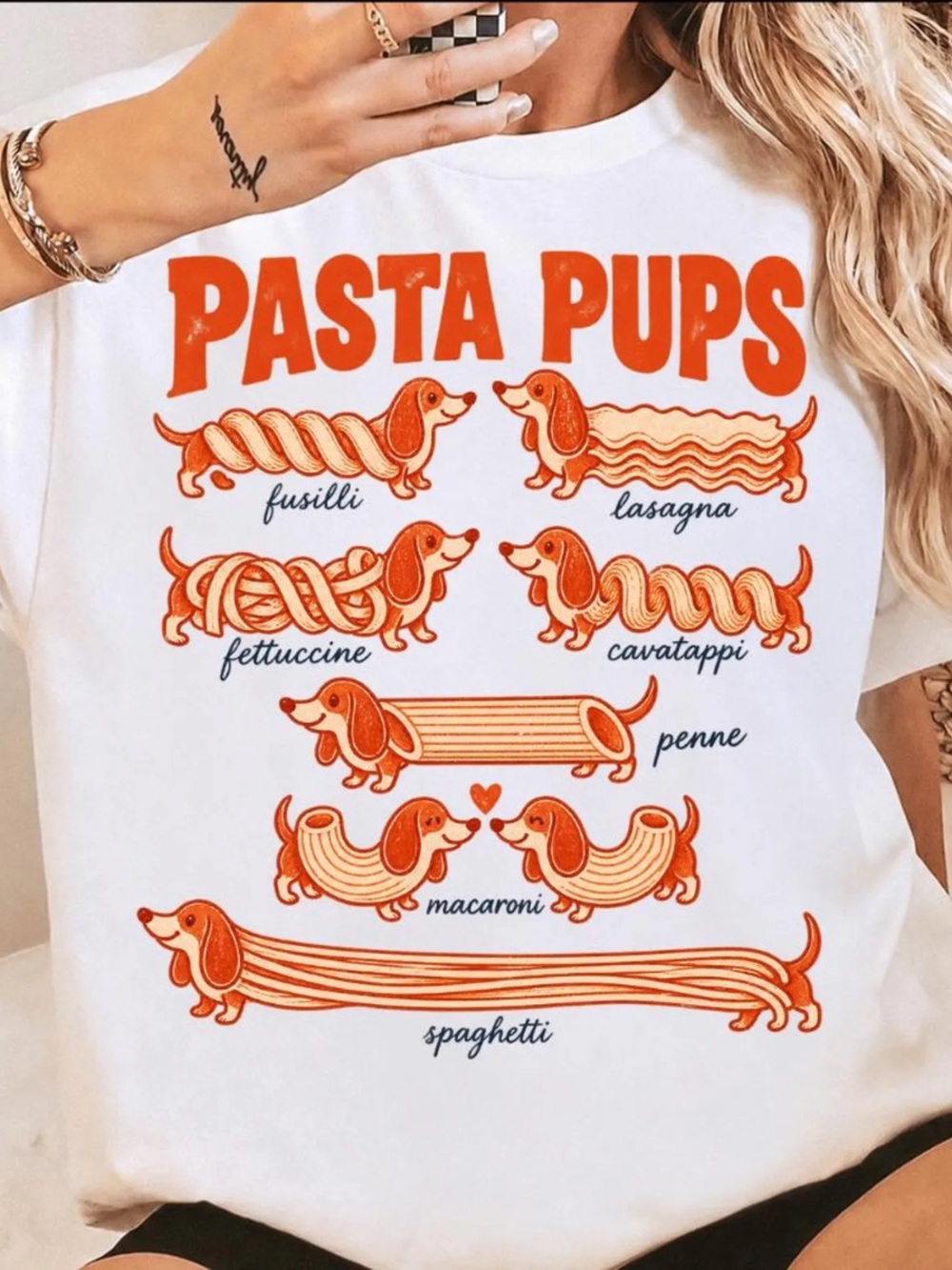 White 'Pasta Pups' Graphic Tee with Orange Print